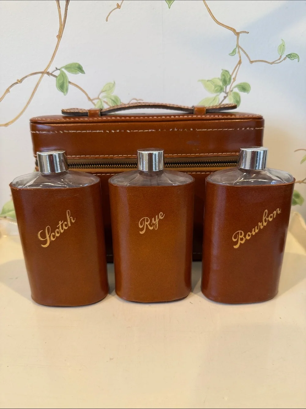 Vintage Leather Travel Bar Flask Case by Tommy Traveler
